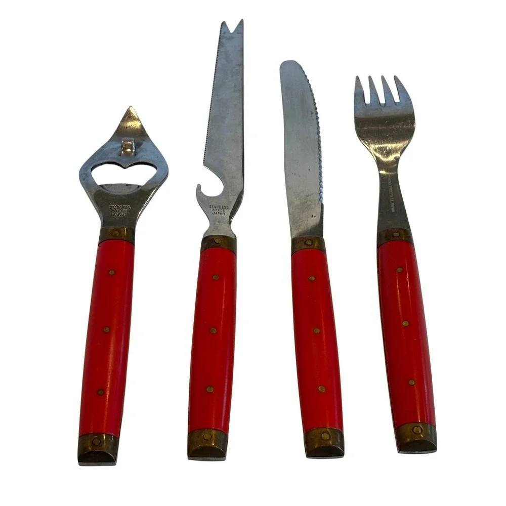 Vtg Melron Flatware Bistro Pattern Red Brass Bottle Opener Fork Knife‎ Stainless